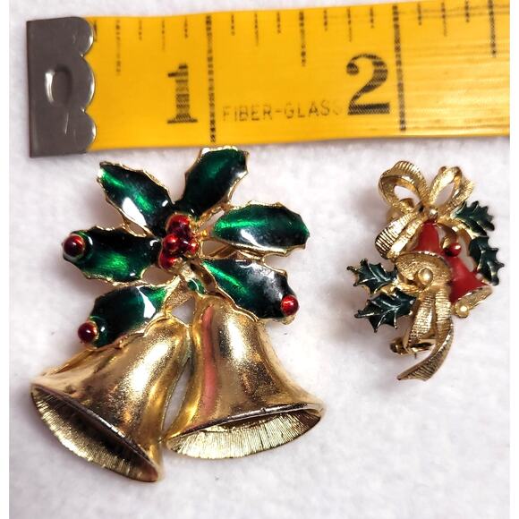 Enamel Christmas Bells Holly Vtg Brooch Lot 1 Signed Roma Xmas Holiday Goldtone - Picture 3 of 6